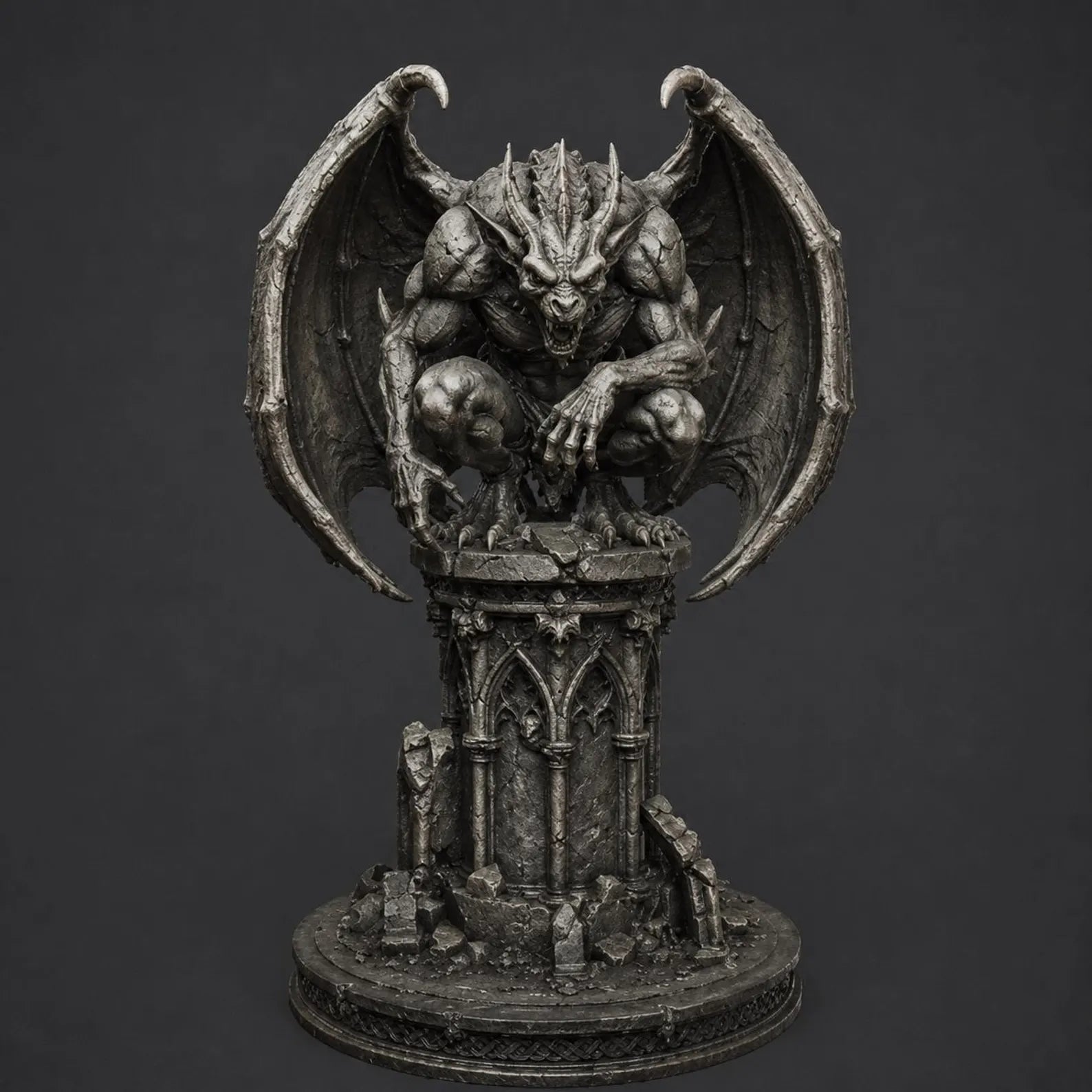Gargoyle I - Vista tre quarti render 3D grigio con macerie gotiche