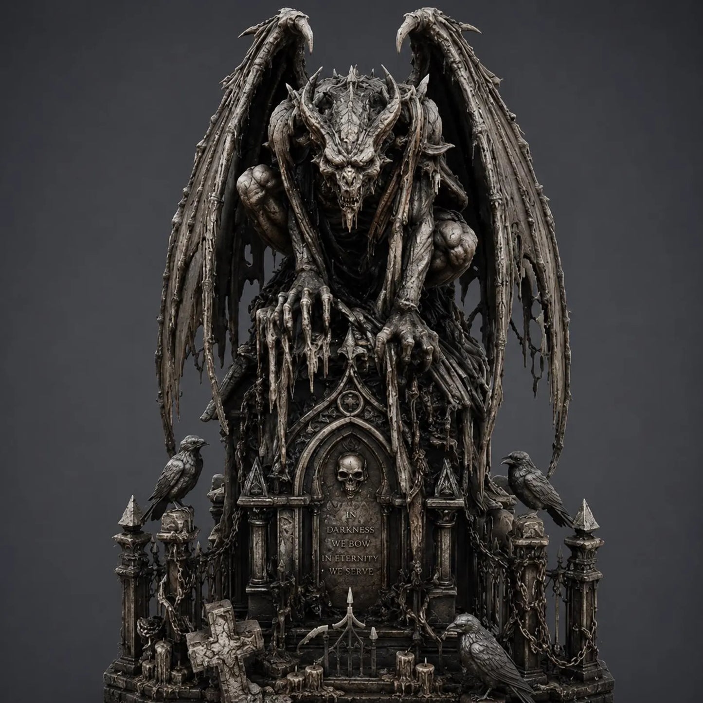 Gargoyle II - Vista frontale render con iscrizione In Darkness We Bow In Eternity We Serve