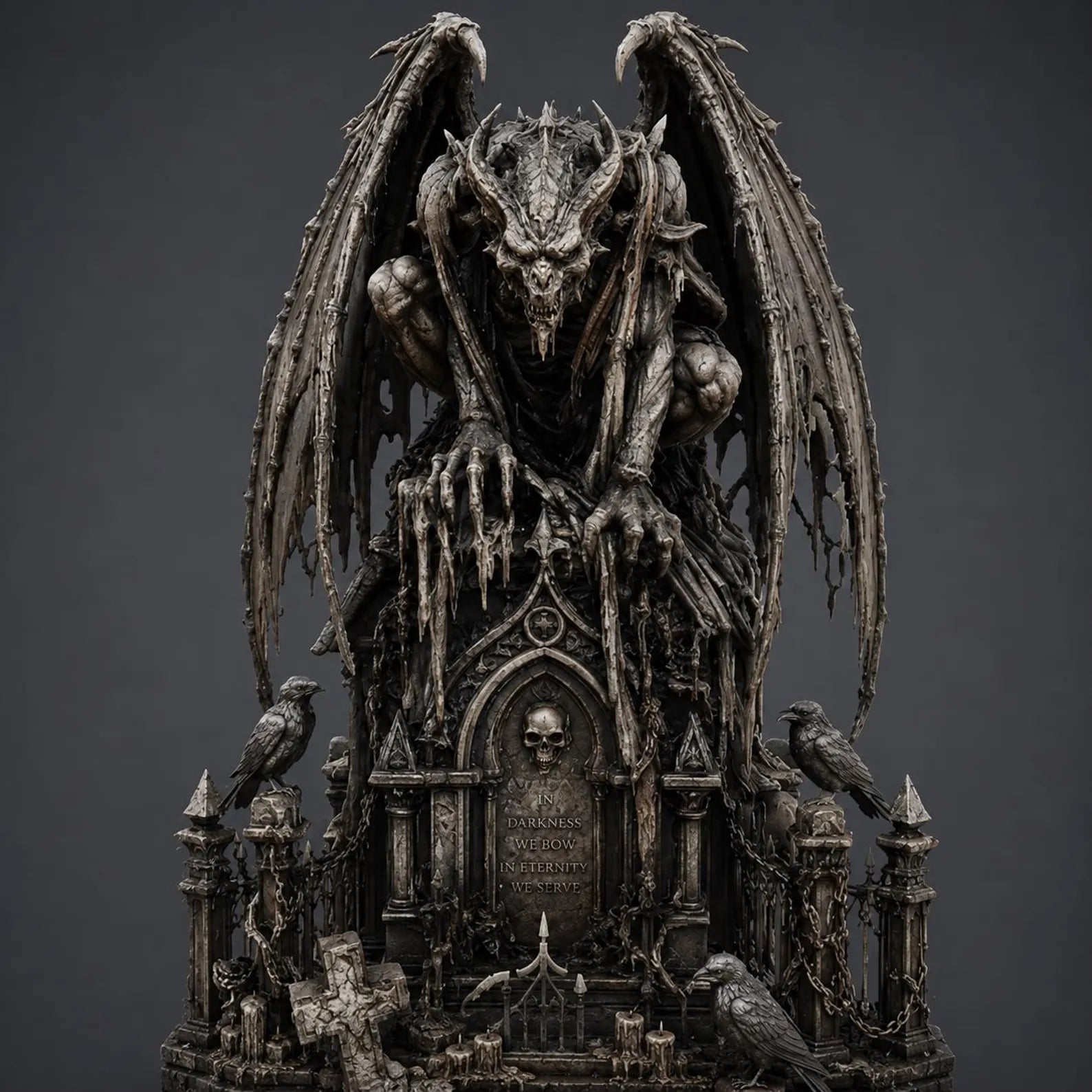 Gargoyle II - Vista frontale render con iscrizione In Darkness We Bow In Eternity We Serve
