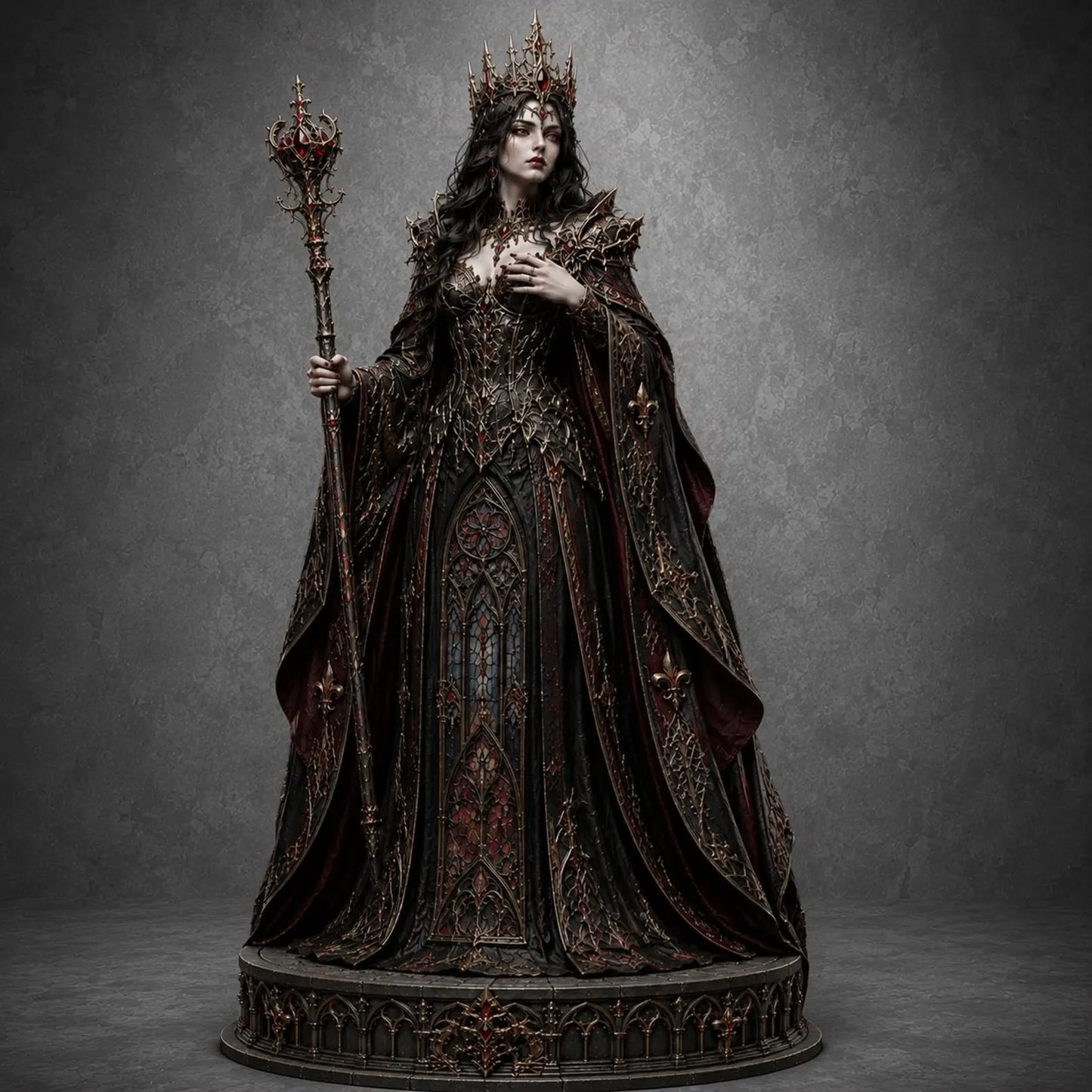 Gothic Dark Queen - Vista laterale tre quarti con piedistallo circolare gotico render