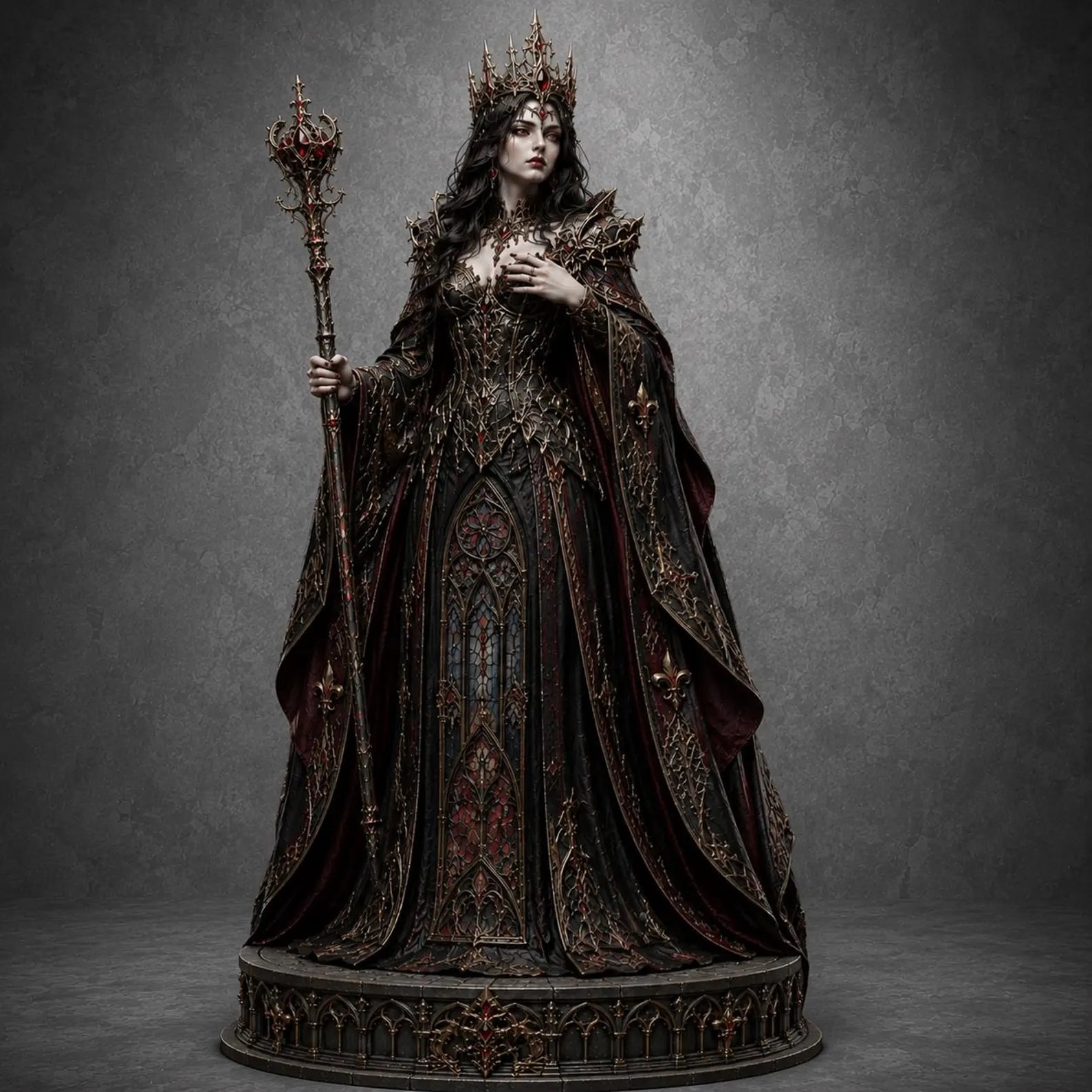Gothic Dark Queen - Vista laterale tre quarti con piedistallo circolare gotico render