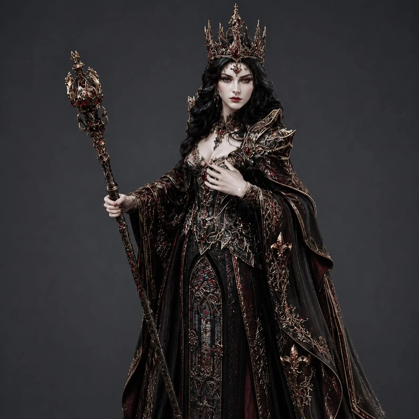 Gothic Dark Queen - Vista tre quarti con corona di spine e scettro cremisi render