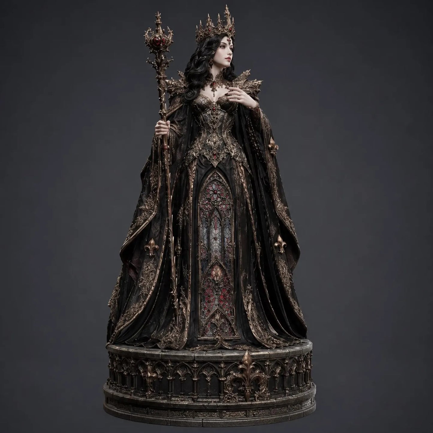 Gothic Dark Queen - Vista frontale figura intera con scettro gotico e abito cattedrale render