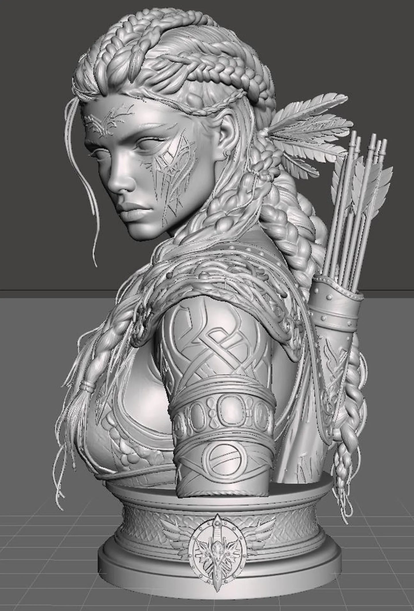 Runemark Huntress - Vista tre quarti con armatura render 3D