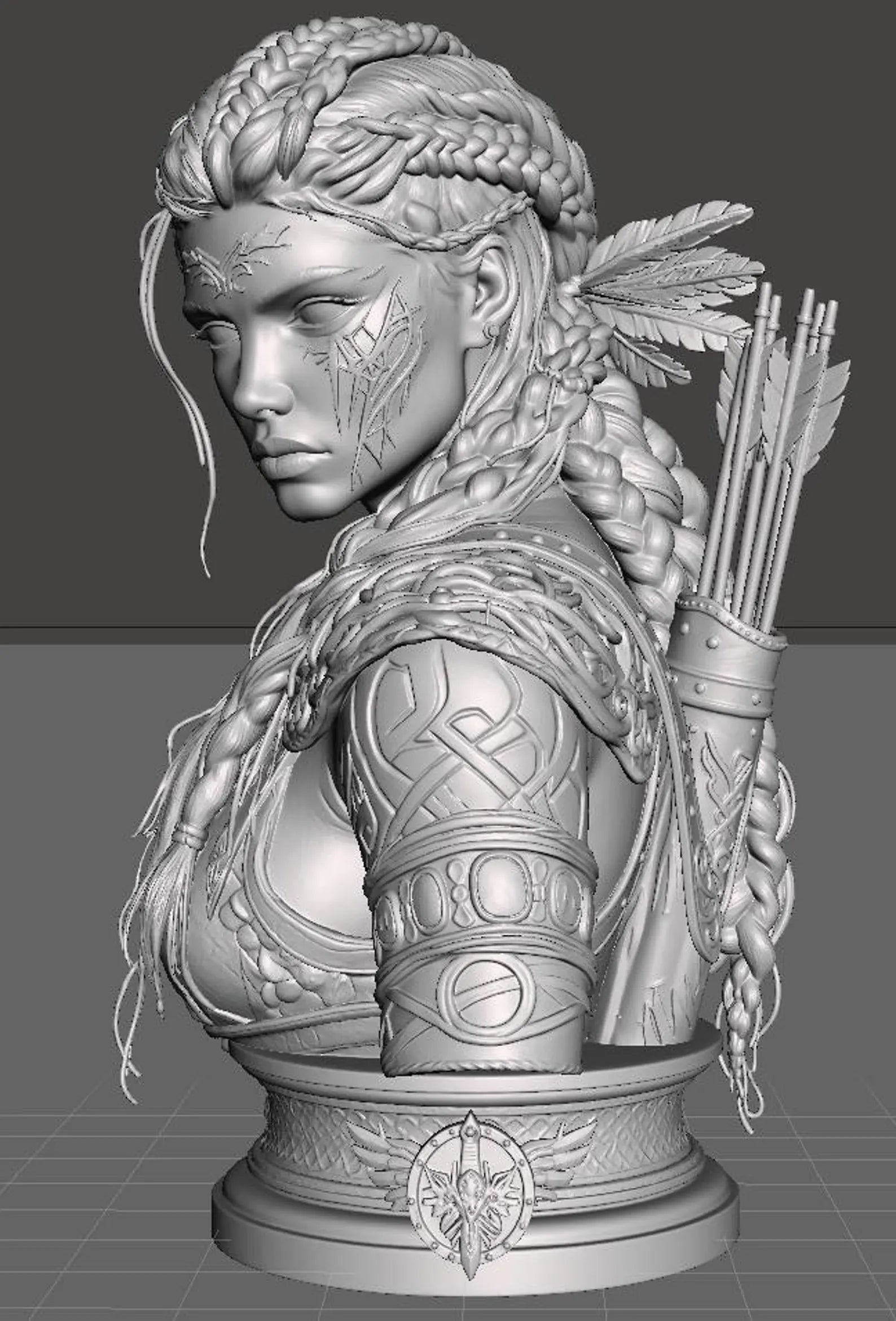 Runemark Huntress - Vista tre quarti con armatura render 3D