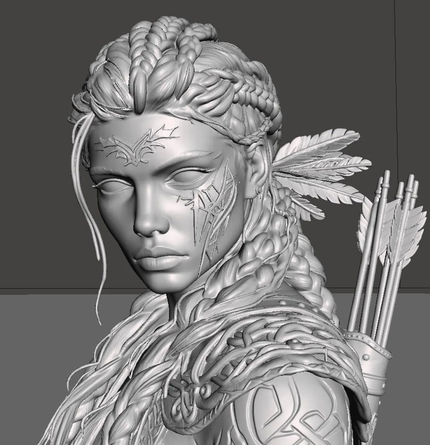 Runemark Huntress - Vista frontale render 3D grigio