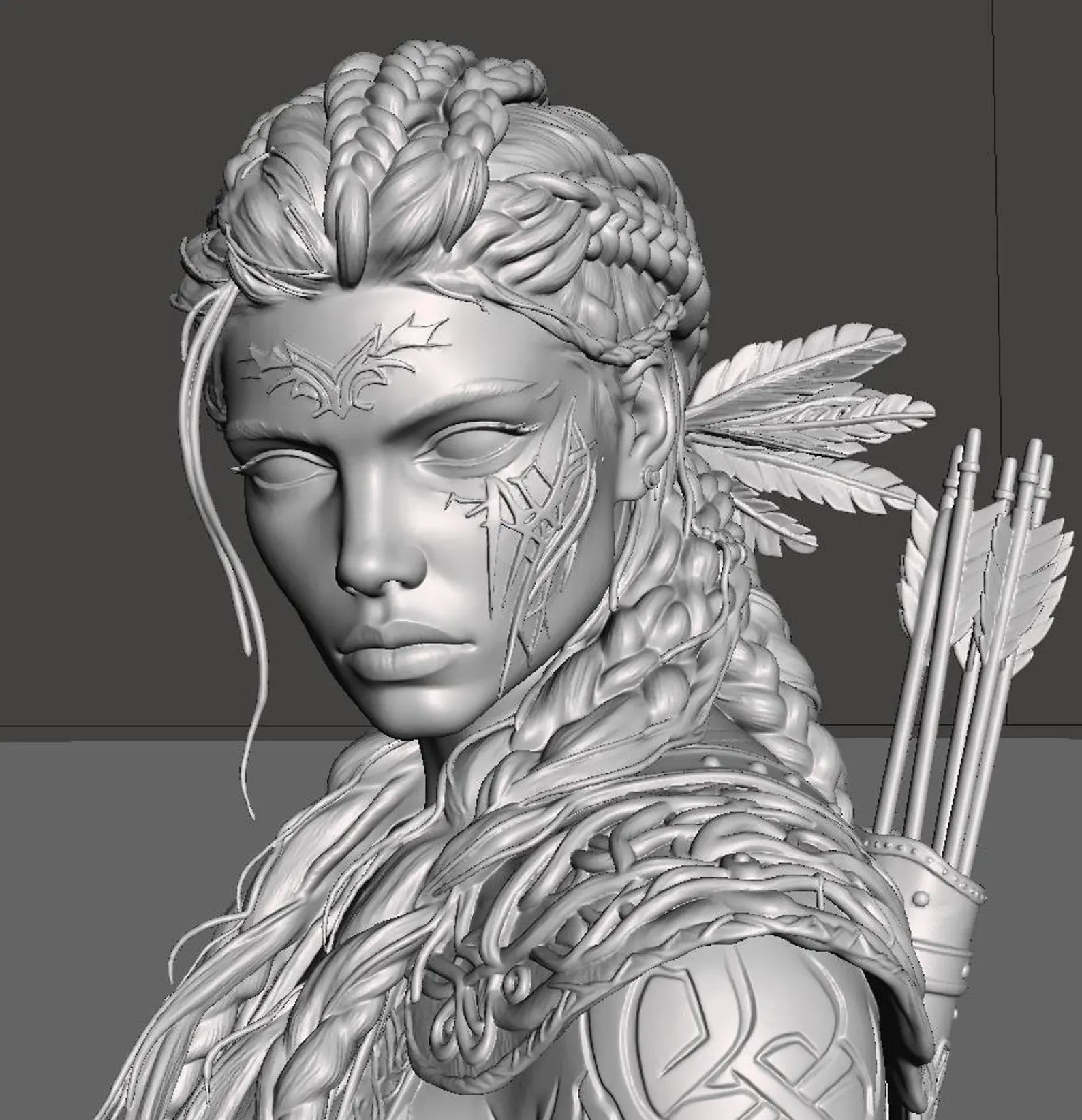Runemark Huntress - Vista frontale render 3D grigio