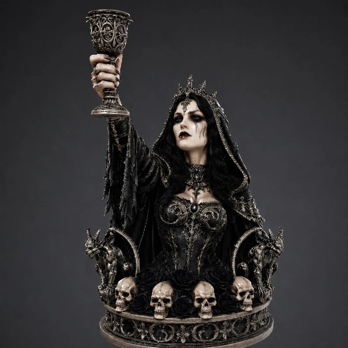 Dark Queen Candle Holder - Vista frontale dipinta con calice gotico teschi e gargoyle