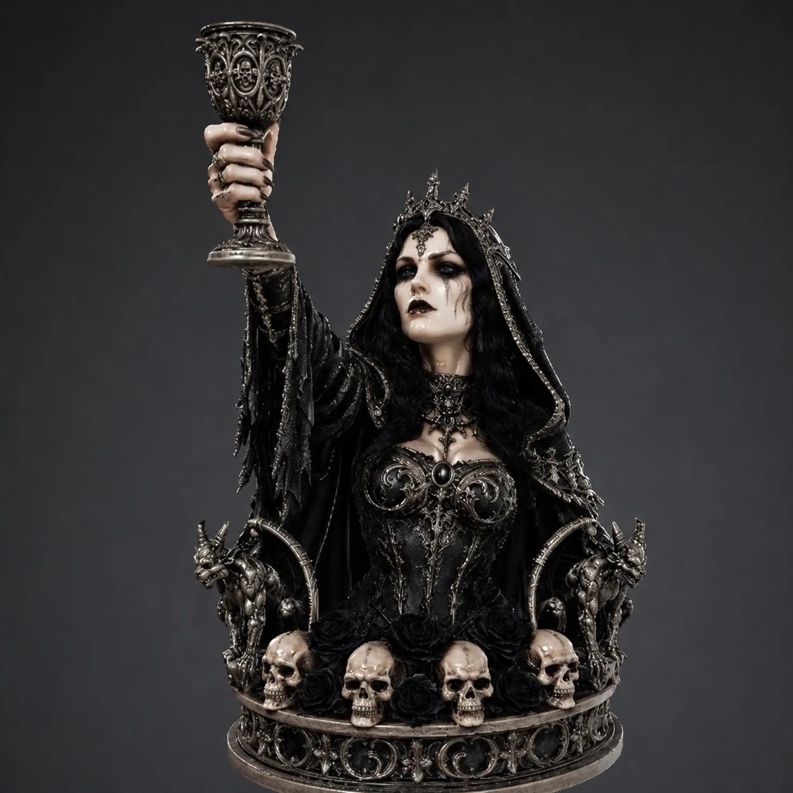 Dark Queen Candle Holder - Vista frontale dipinta con calice gotico teschi e gargoyle