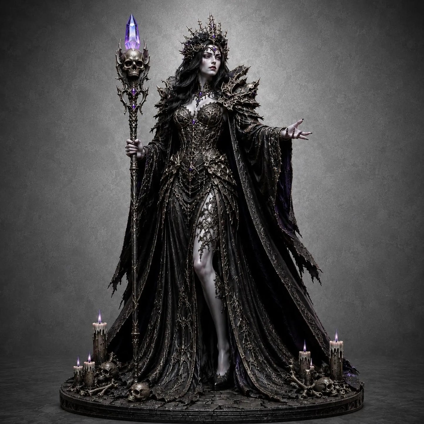 Gothic Dark Queen Necromancer - Ambientazione gotica con candele teschi e sfondo grigio