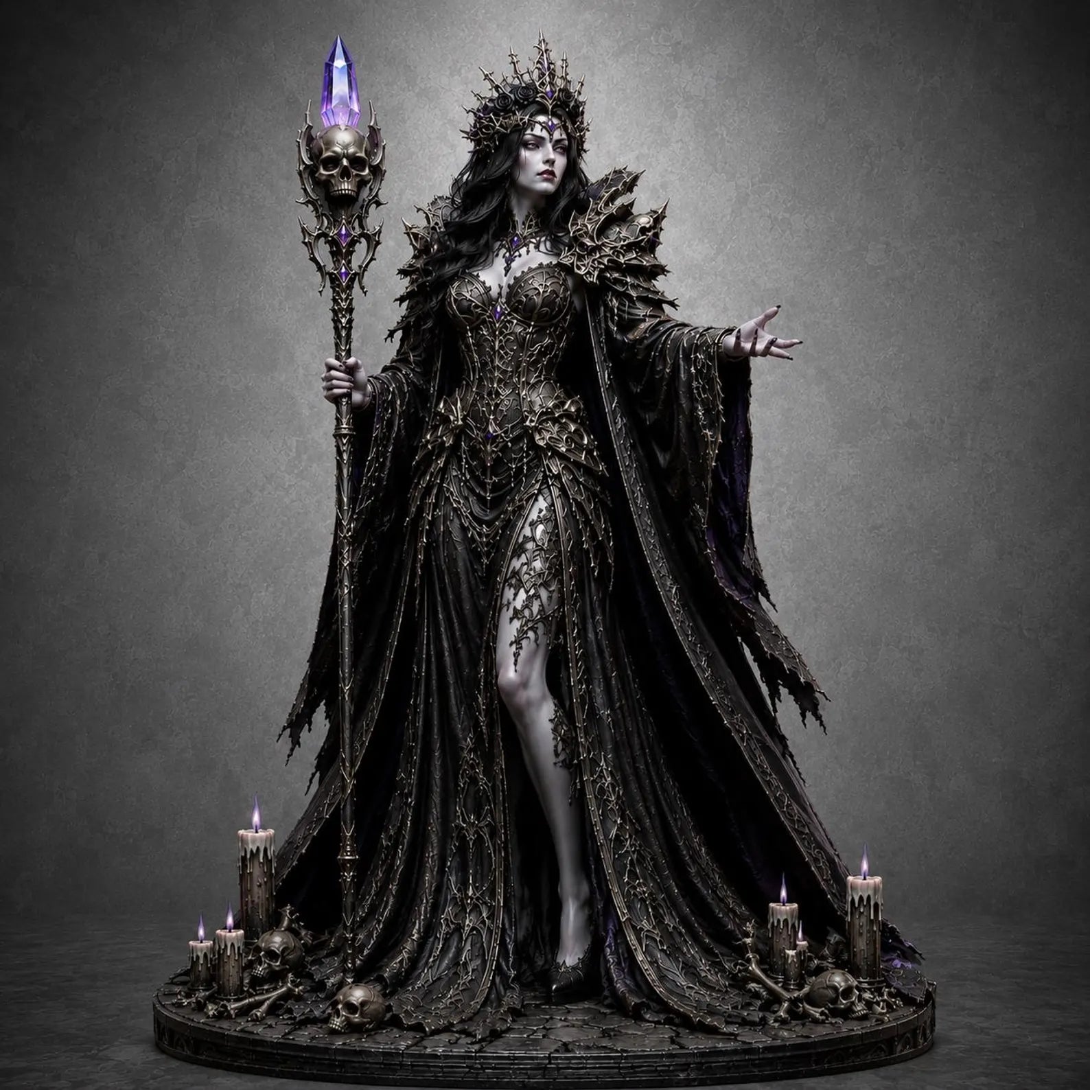 Gothic Dark Queen Necromancer - Ambientazione gotica con candele teschi e sfondo grigio