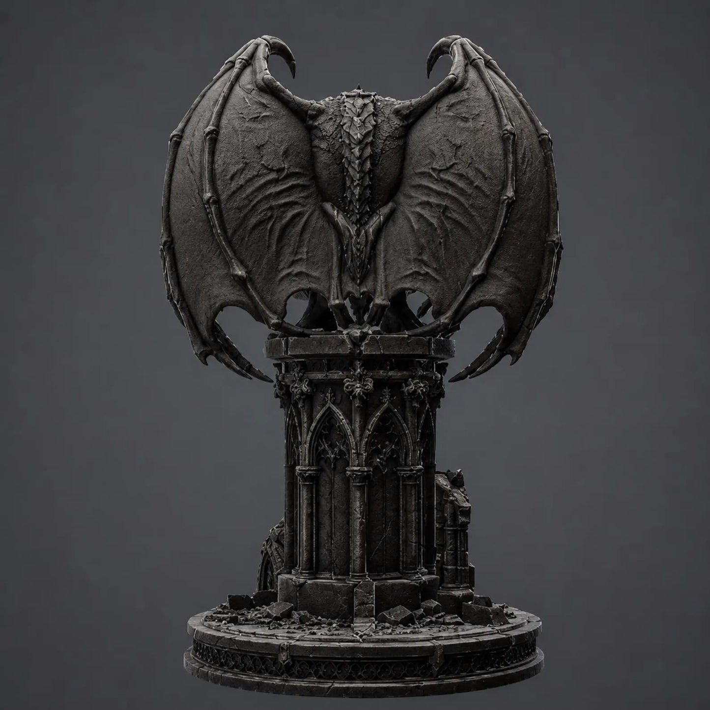 Gargoyle I - Vista posteriore con ali spiegate e piedistallo gotico in rovina