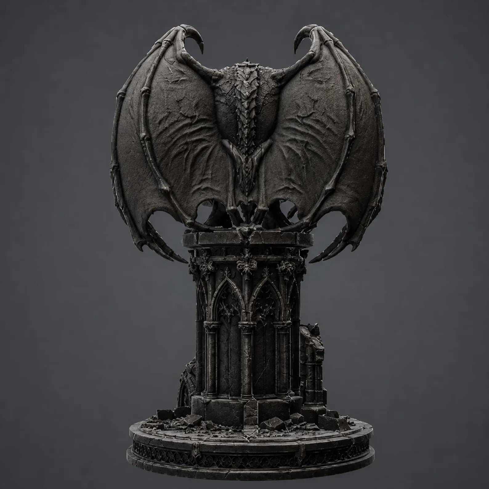 Gargoyle I - Vista posteriore con ali spiegate e piedistallo gotico in rovina