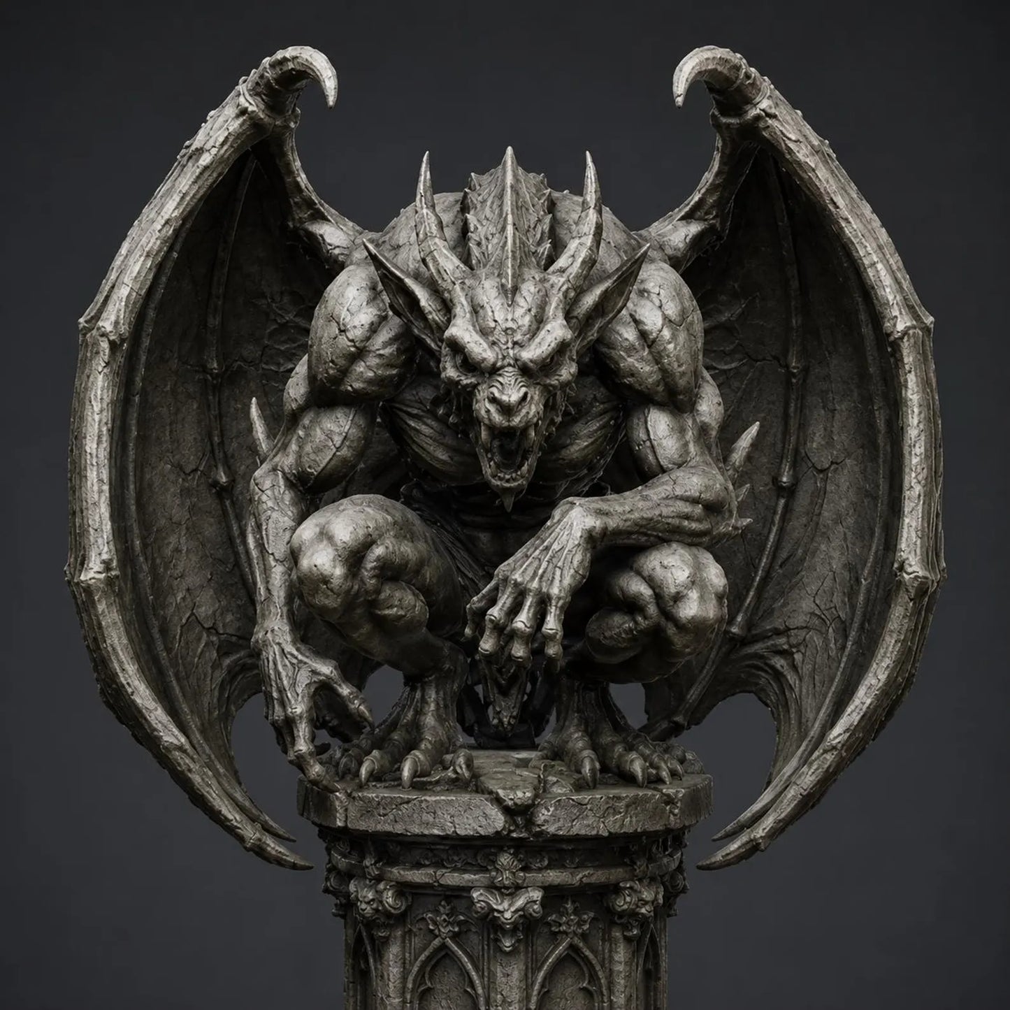 Gargoyle I - Vista frontale ambientazione scura con piedistallo cattedrale