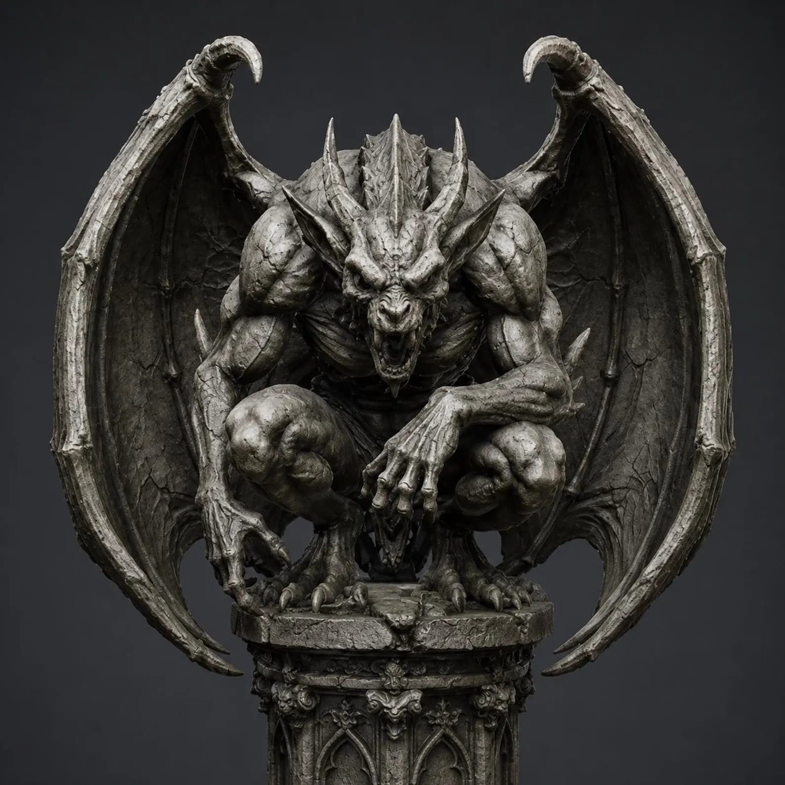 Gargoyle I - Vista frontale ambientazione scura con piedistallo cattedrale