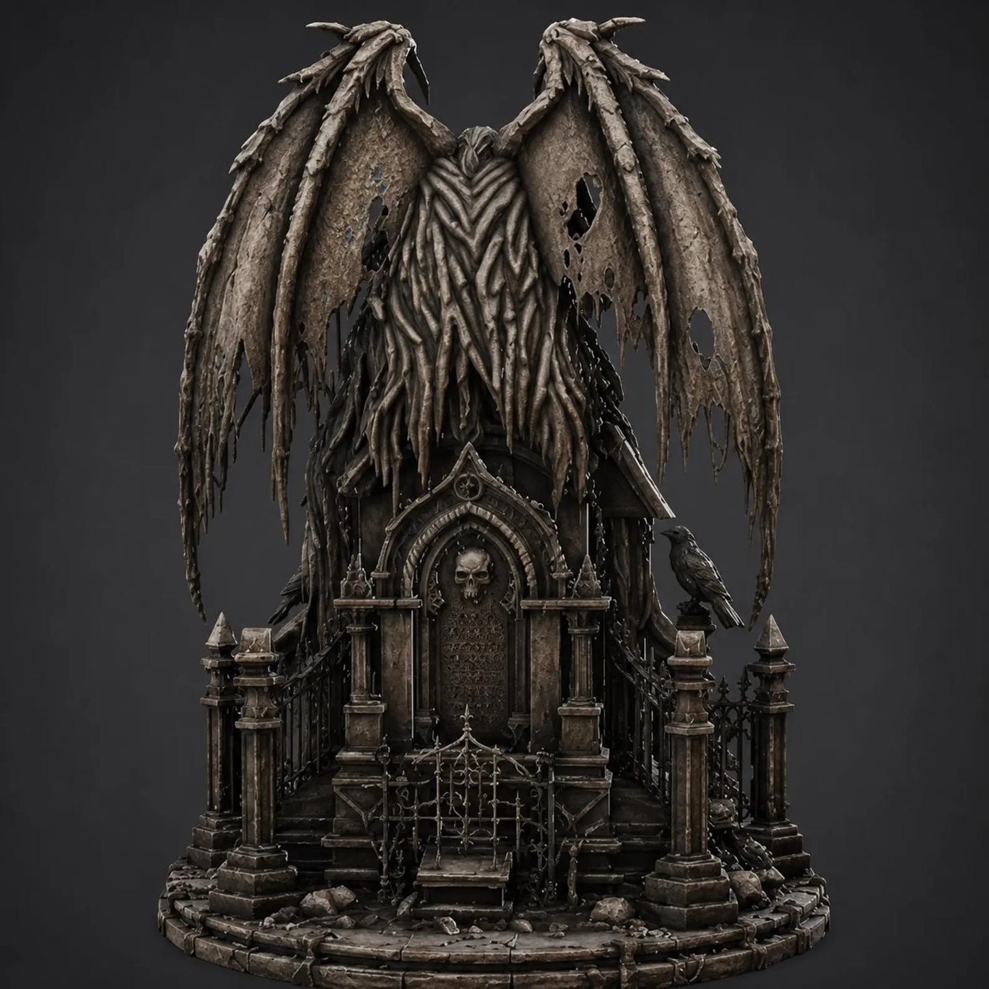 Gargoyle II - Vista posteriore con ali spiegate e cancello gotico con catene