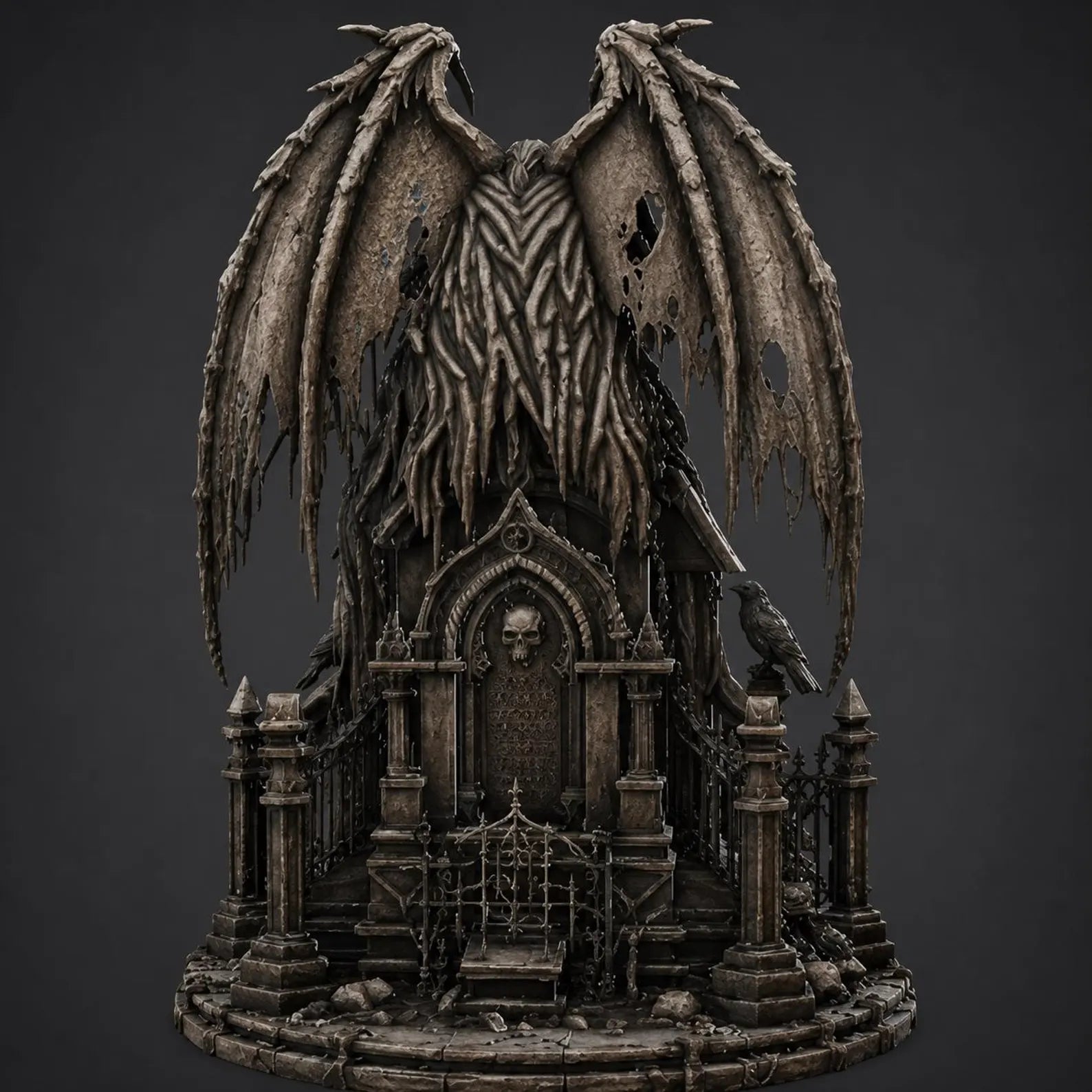 Gargoyle II - Vista posteriore con ali spiegate e cancello gotico con catene