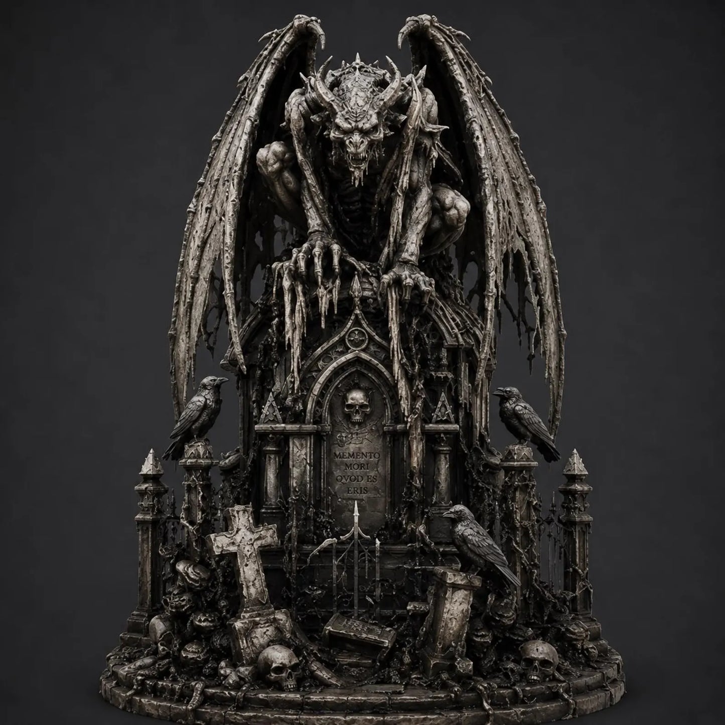 Gargoyle II - Vista frontale con lapide Memento Mori corvi e teschi su cimitero gotico