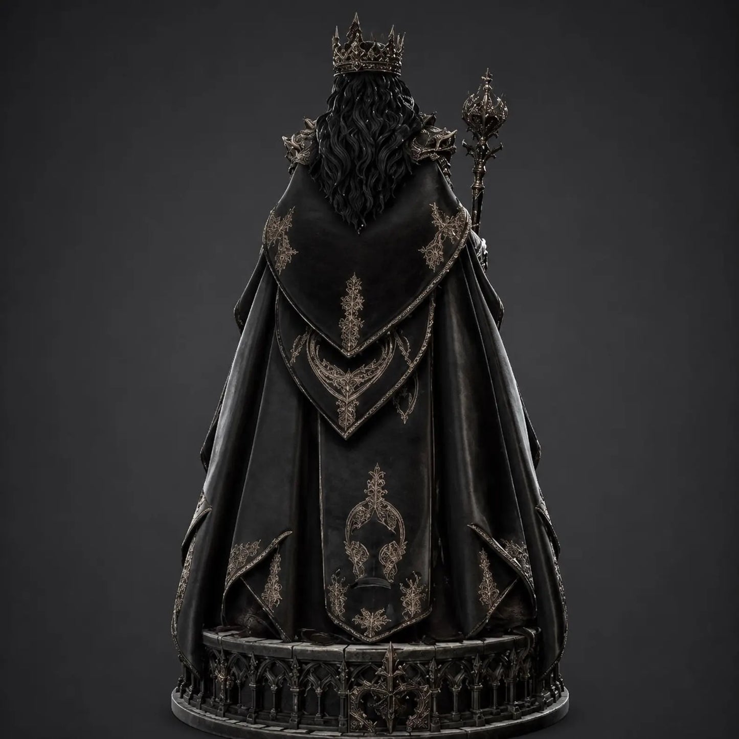 Gothic Dark Queen - Vista posteriore con mantello nero ricamato oro e piedistallo gotico render