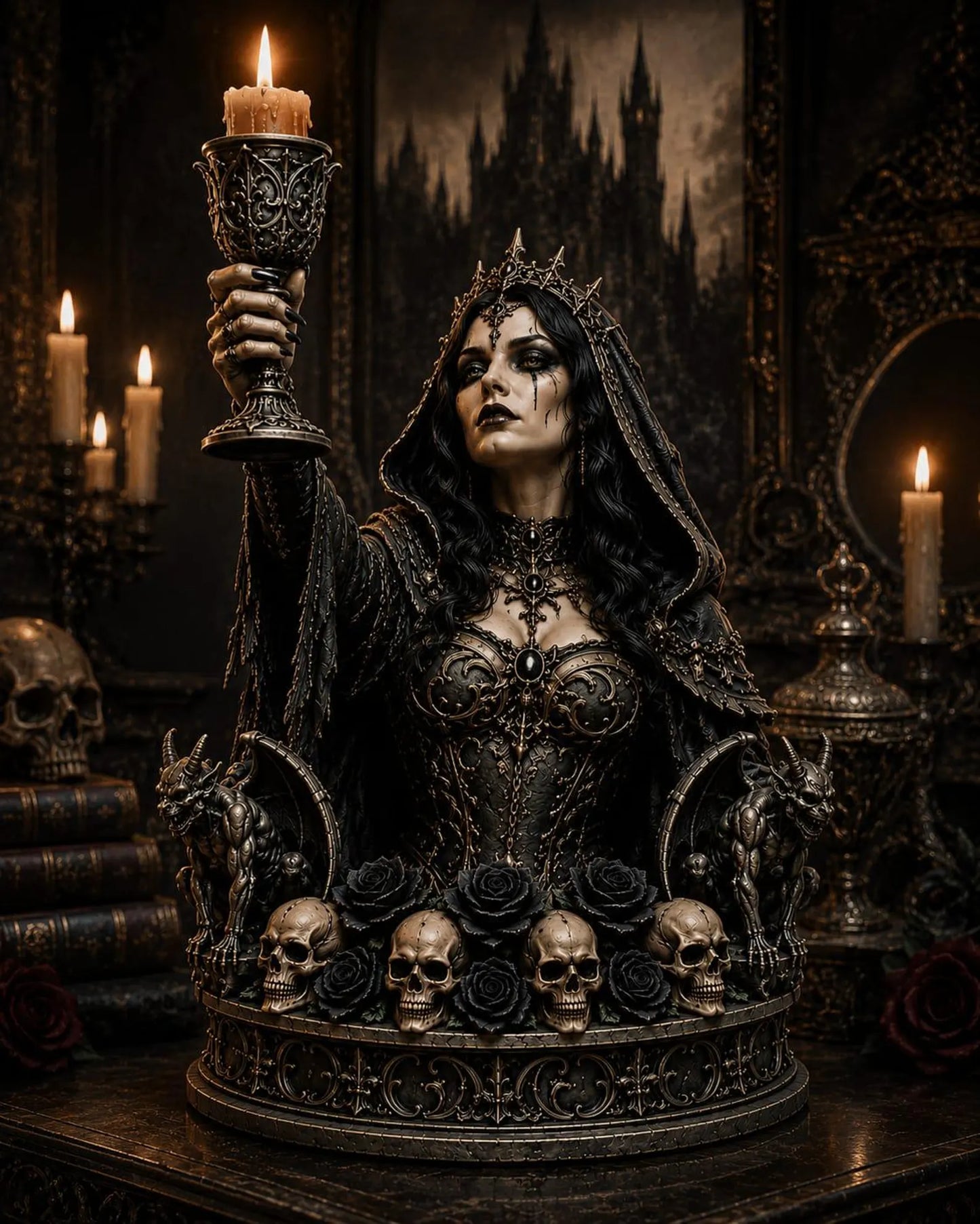 Dark Queen Candle Holder - Ambientazione castello gotico con candele accese e teschi