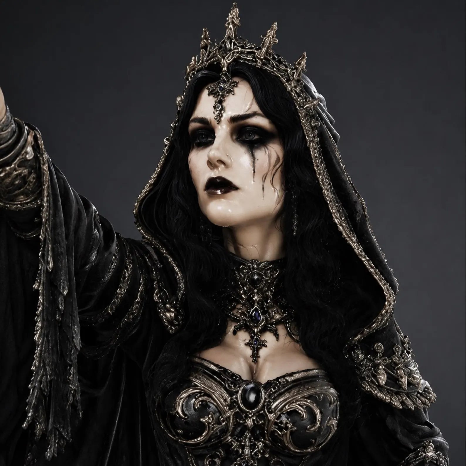 Dark Queen Candle Holder - Vista posteriore render nero con mantello drappeggiato e calice