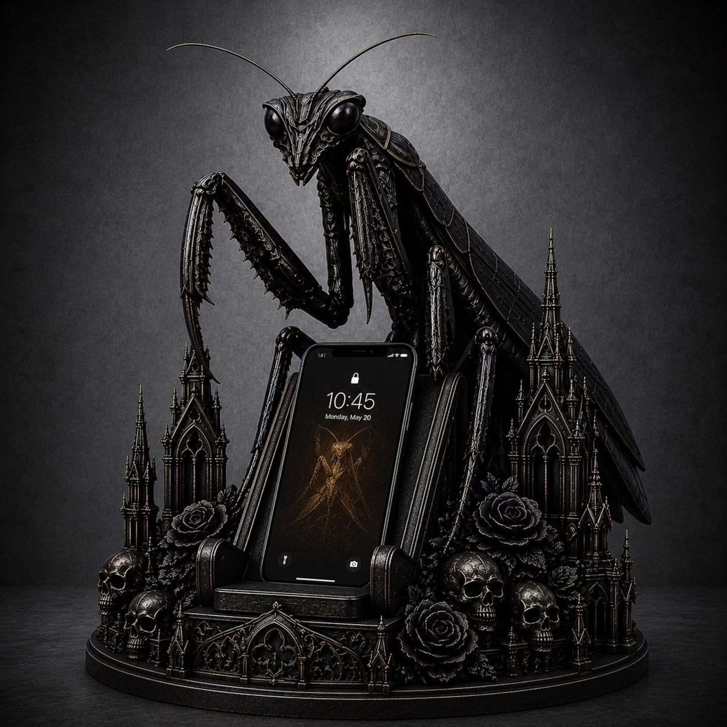 Gothic Praying Mantis - Versione porta-telefono con piedistallo cattedrale gotica teschi e rose nere