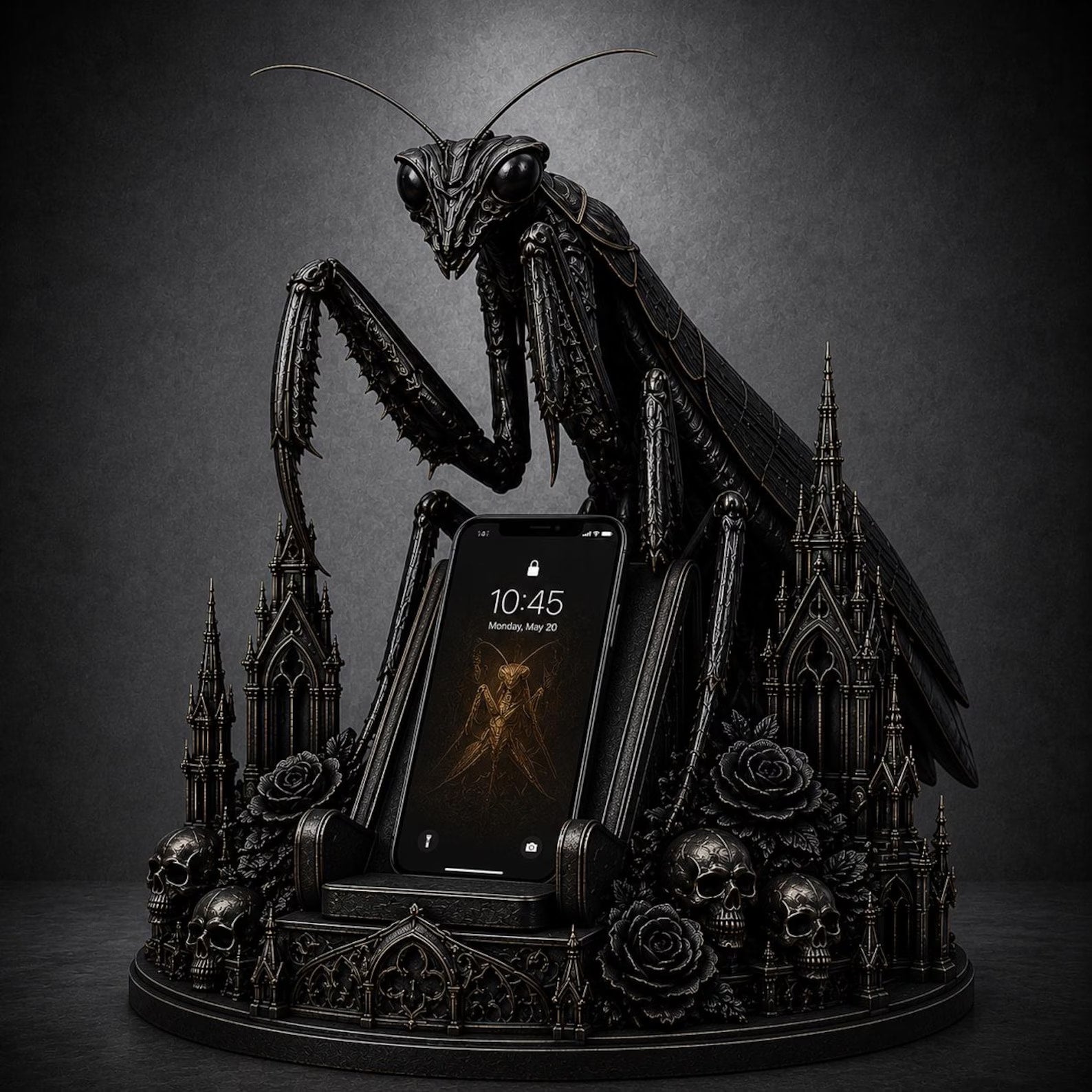 Gothic Praying Mantis - Versione porta-telefono con piedistallo cattedrale gotica teschi e rose nere