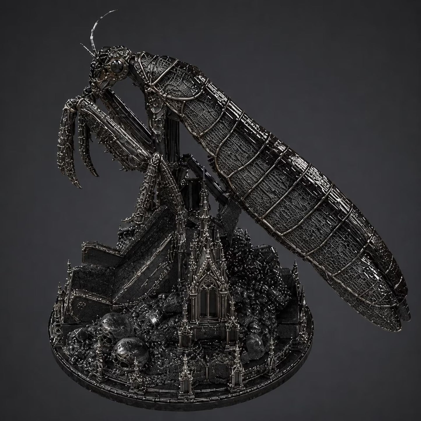 Gothic Praying Mantis - Vista frontale statua con cattedrale gotica e teschi render nero