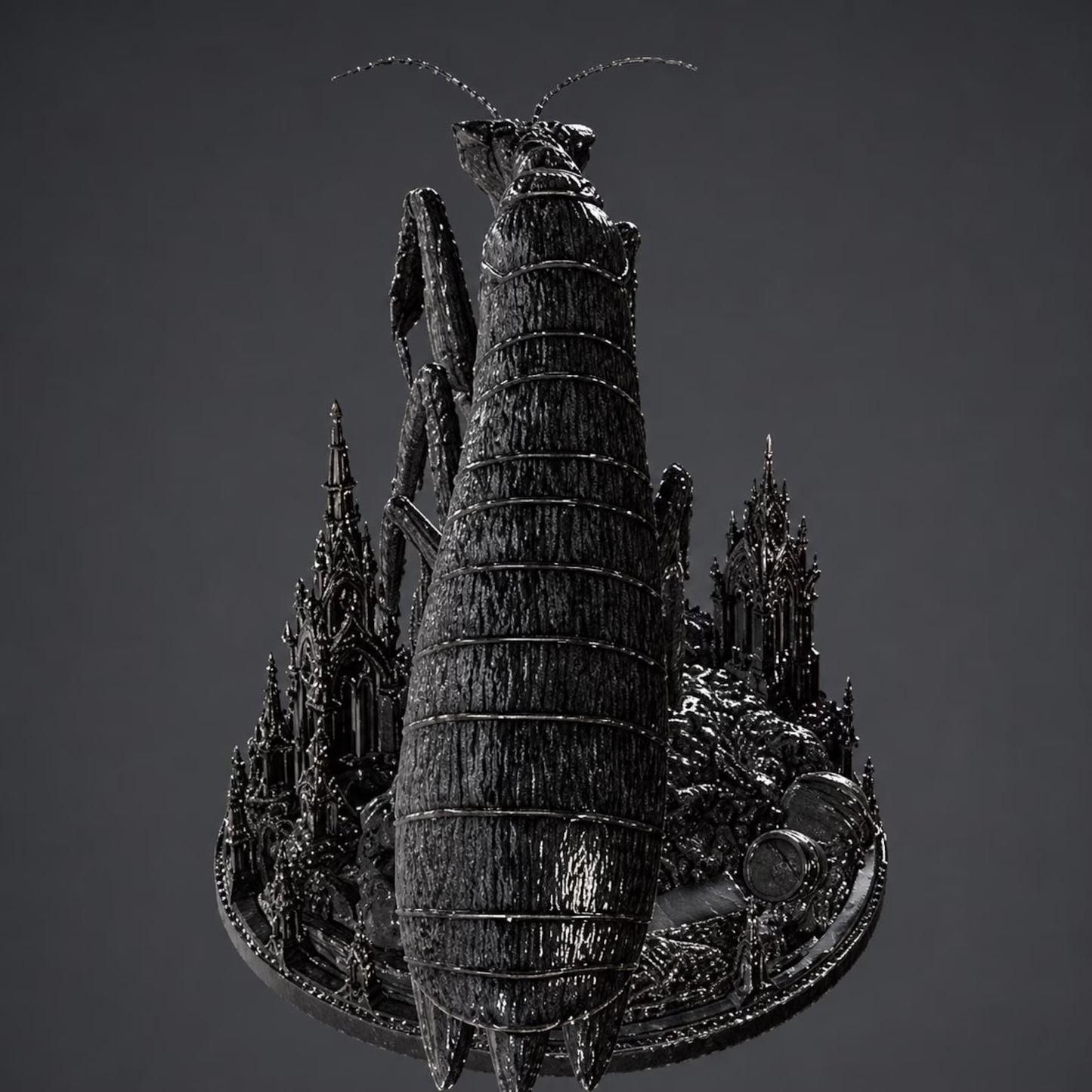 Gothic Praying Mantis - Vista posteriore con addome segmentato e cattedrale gotica render nero
