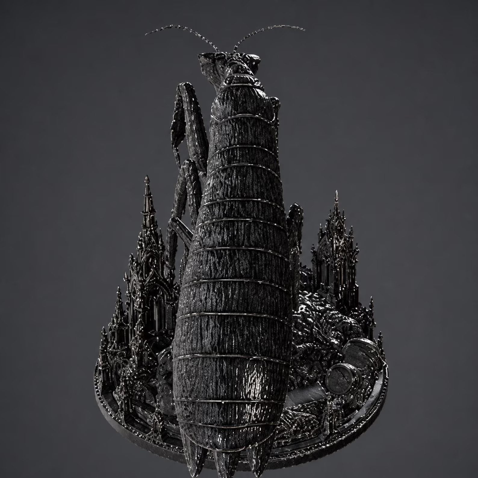 Gothic Praying Mantis - Vista posteriore con addome segmentato e cattedrale gotica render nero