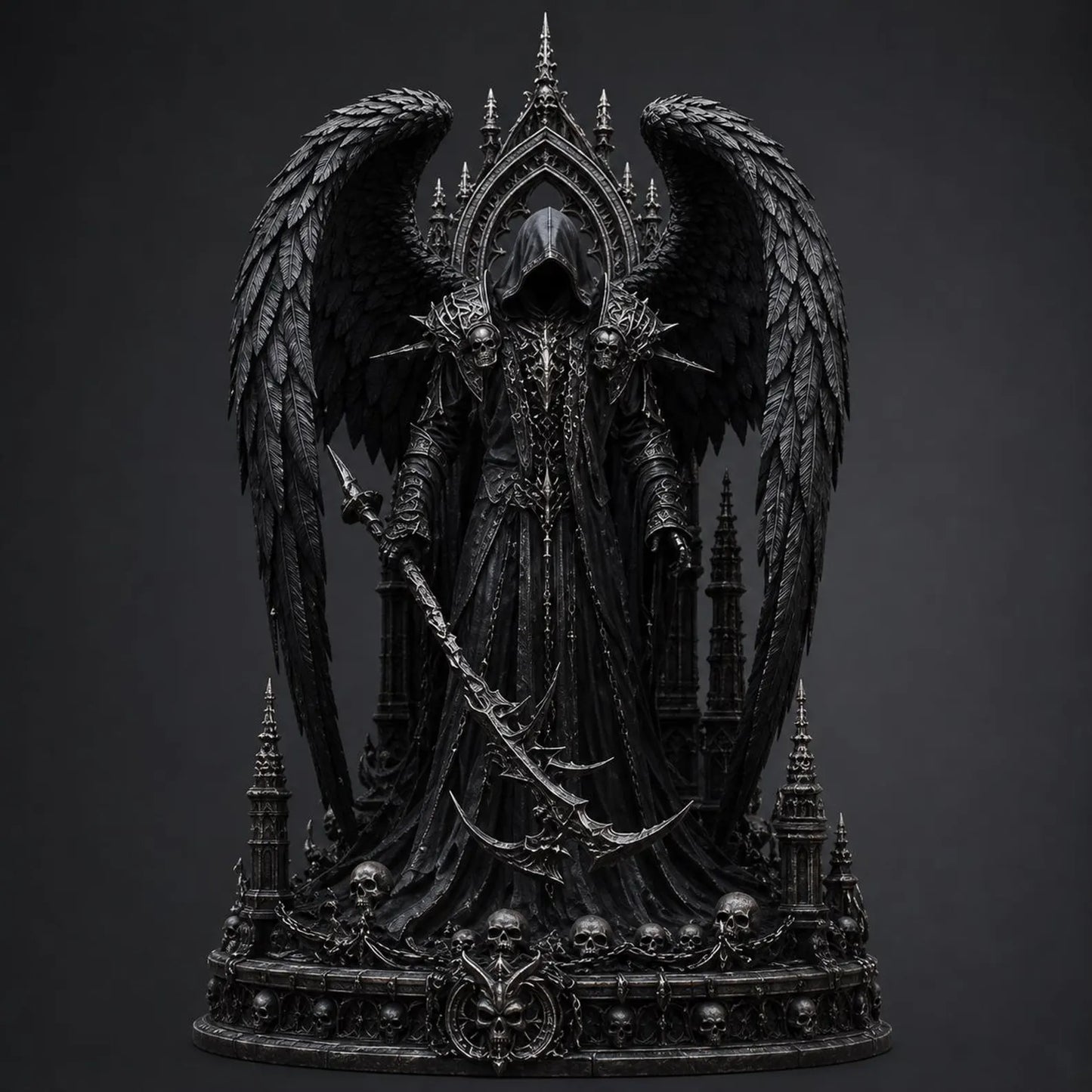 Angel of Death - Vista frontale con ali corvine e falce ornata