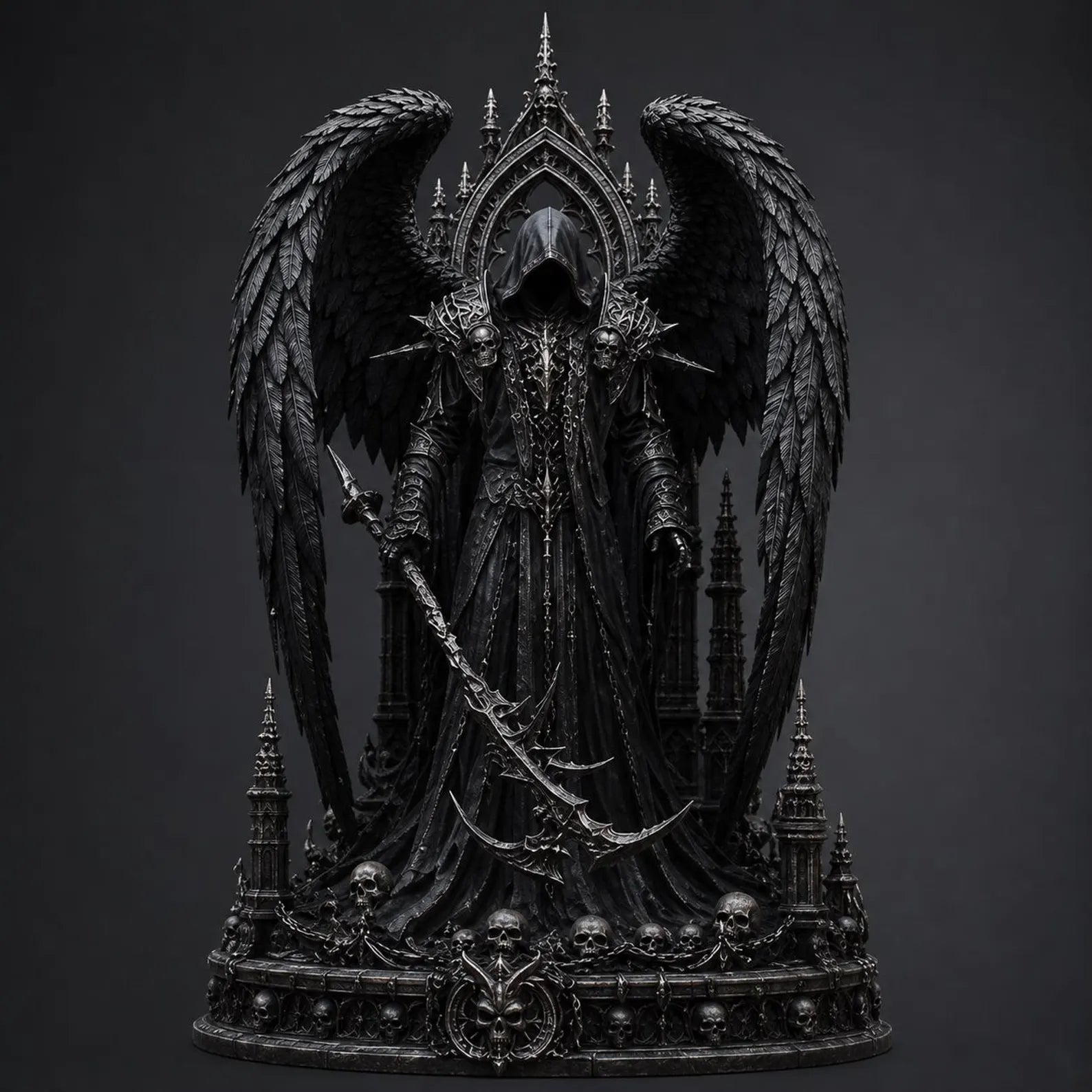 Angel of Death - Vista frontale con ali corvine e falce ornata