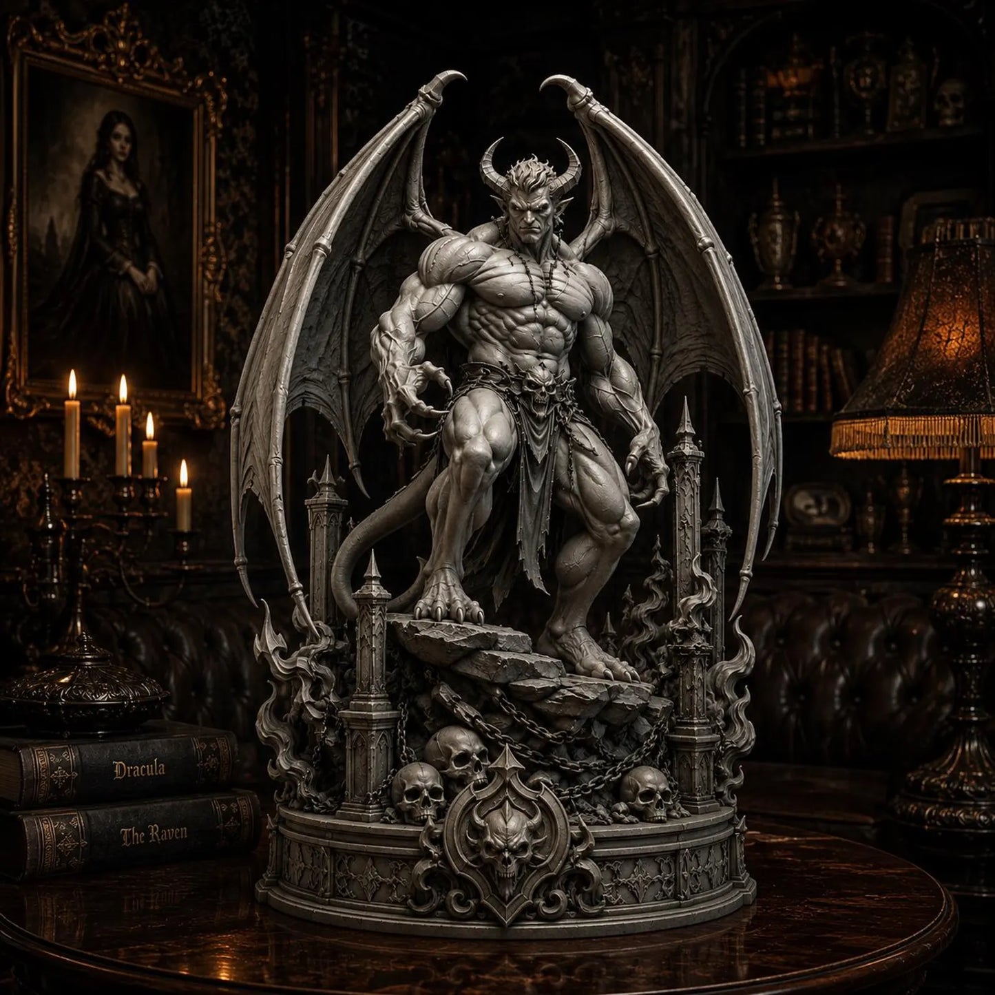 Il Signore dei Demoni - Ambientazione gotica con libreria Dracula The Raven e candele accese