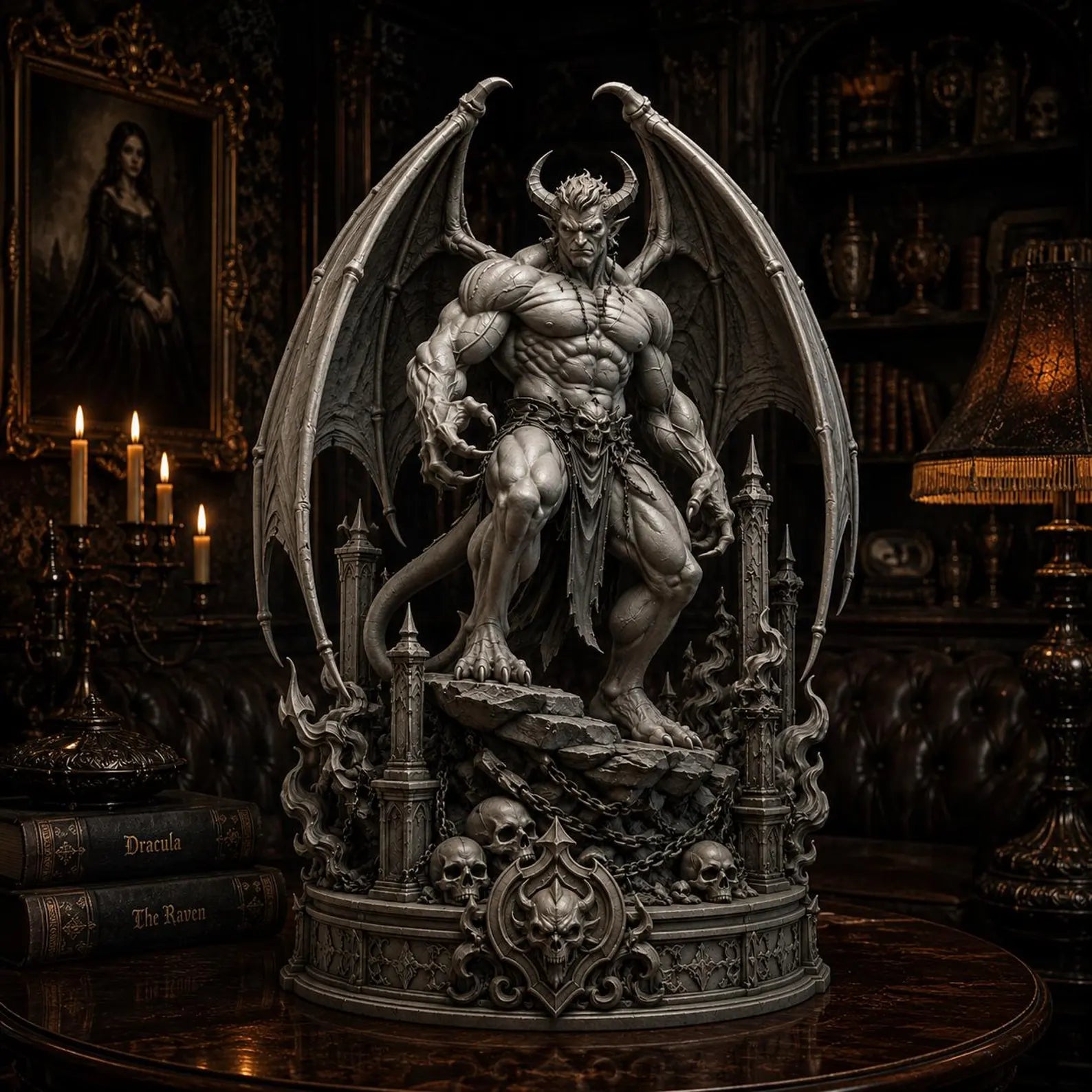 Il Signore dei Demoni - Ambientazione gotica con libreria Dracula The Raven e candele accese
