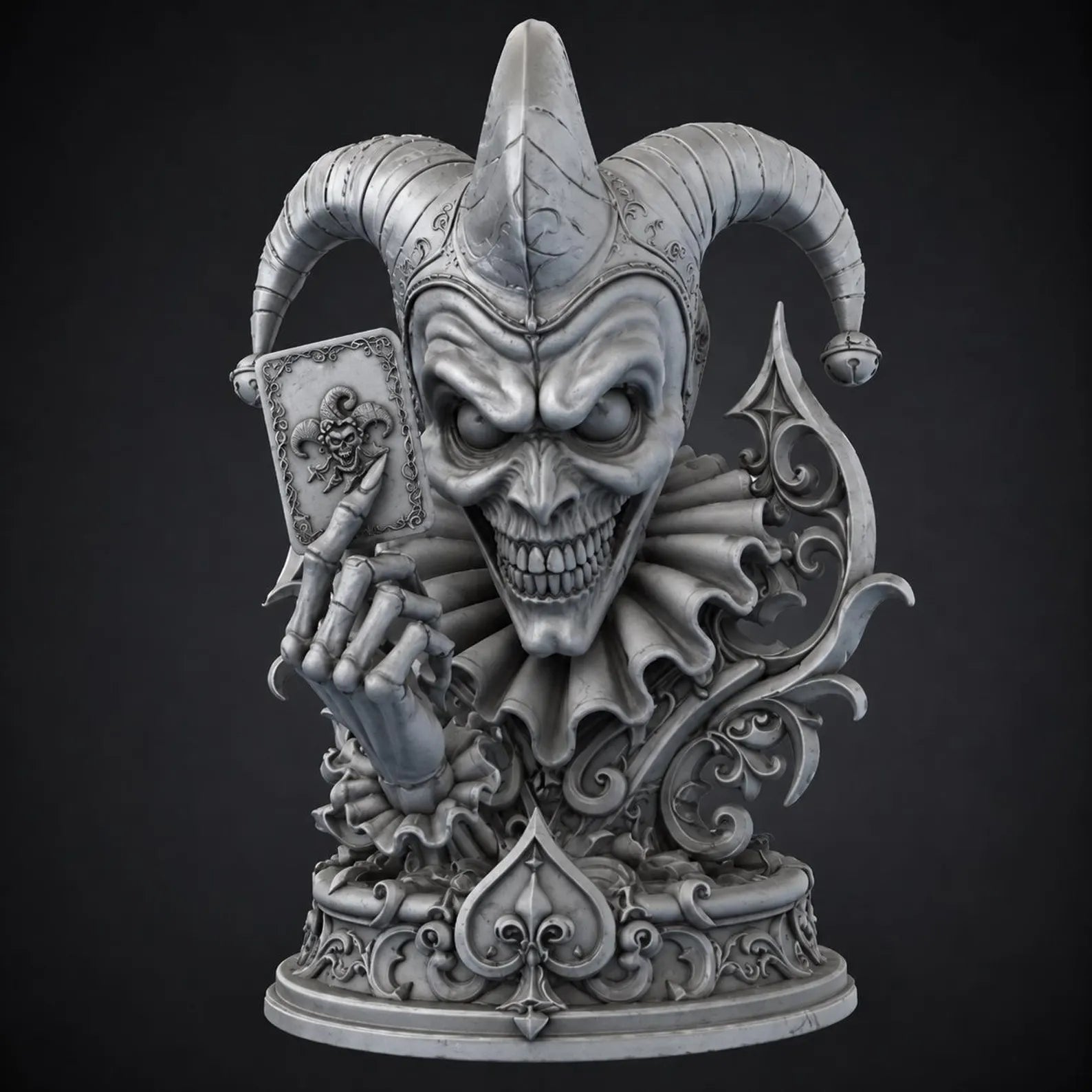 Dark Jester - Vista frontale render grigio con sorriso demoniaco e artigli ossei