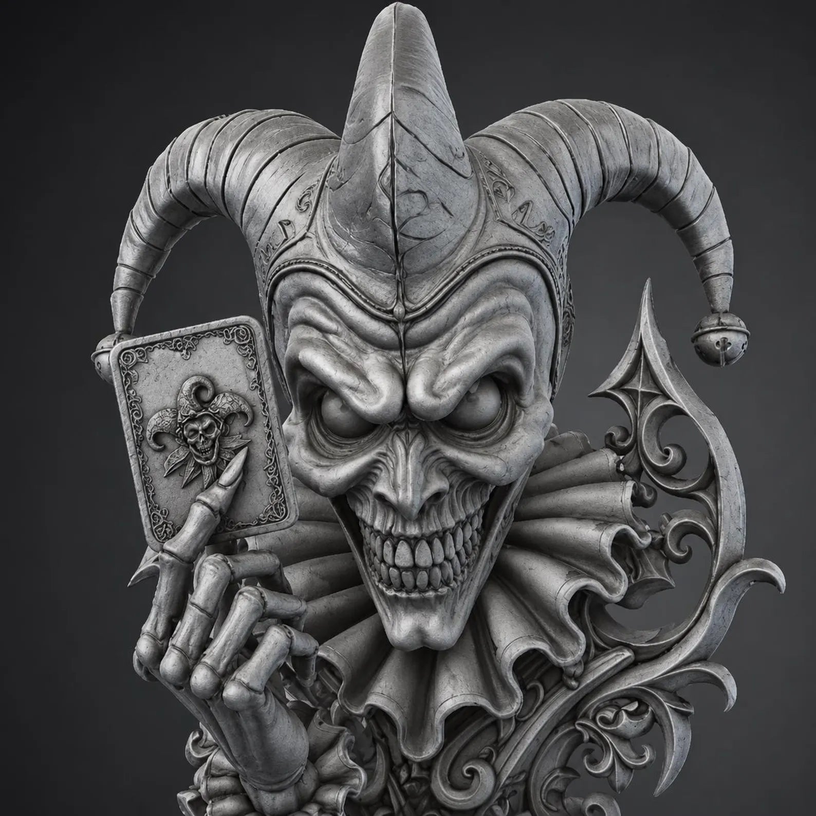 Dark Jester - Vista tre quarti con cappello a tre punte e campanelli render grigio