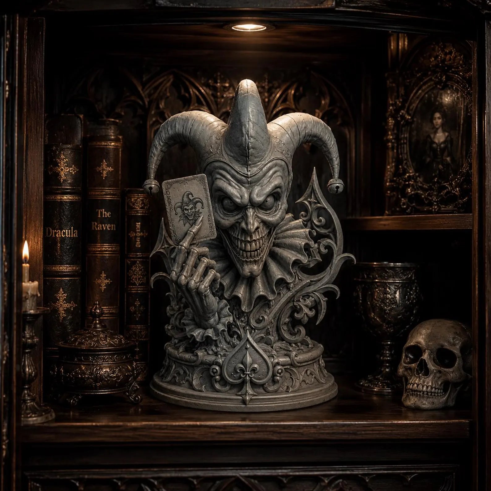 Dark Jester - Ambientazione gotica con libreria Dracula The Raven e teschio