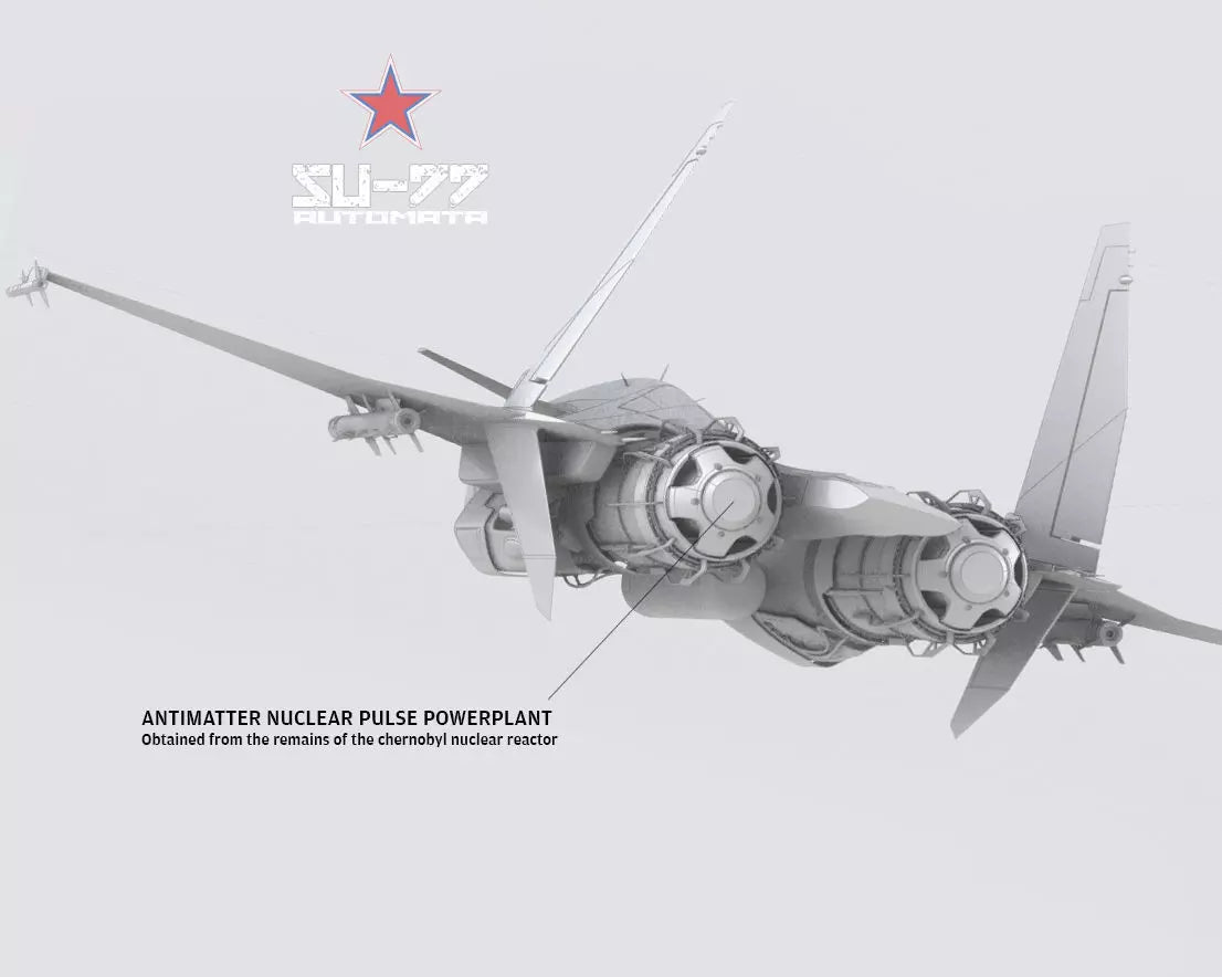 SU-77 Automata caccia futuristico russo in resina - render cinematografico in formazione sul mare
