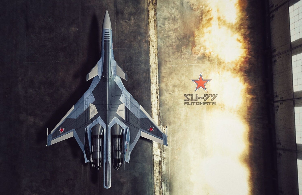 SU-77 Automata caccia futuristico russo in resina - render cinematografico in formazione cielo blu